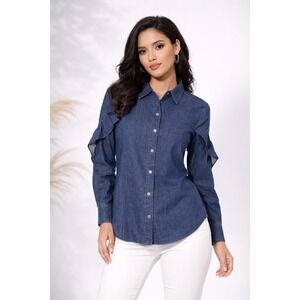 Jones New York Womens Denim Ruffle Sleeve Button Down Shirt Dark Wash XL NWT‎